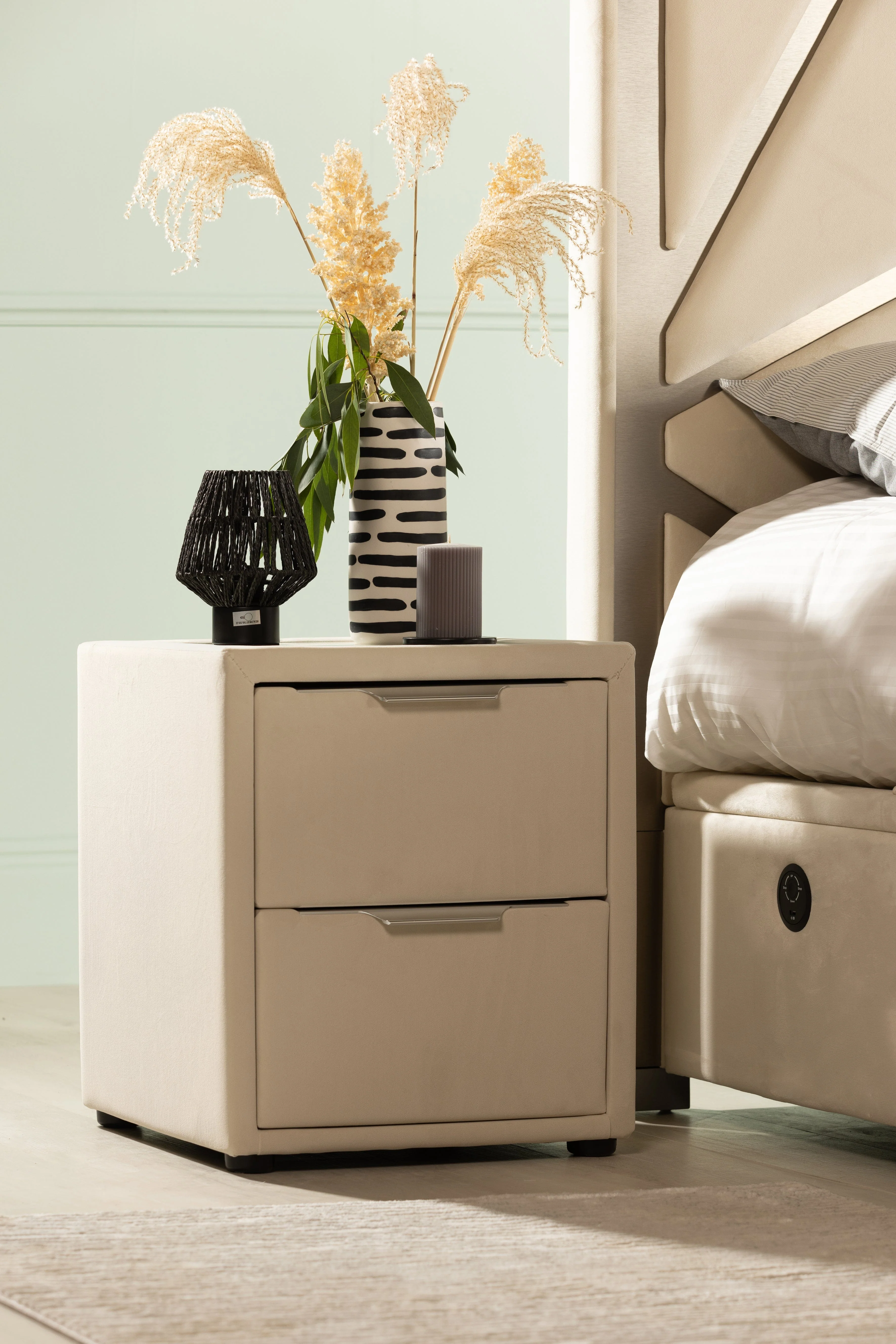 Cream Velvet Bed Side Unit With Glass Top & USB Charging (For Aria and Solace TVBed)