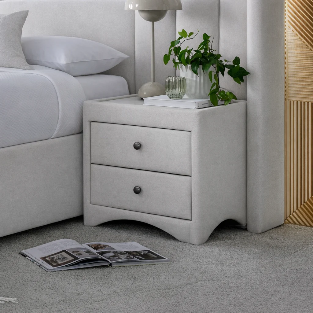 2 Drawer Side Unit With Glass Top In Luxury Cream Fabric